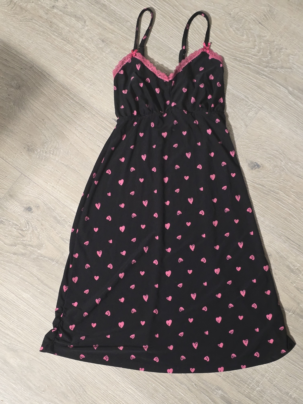 Rene Rofe Black Chemise with Pink Heart Print and Pink Lace Trim